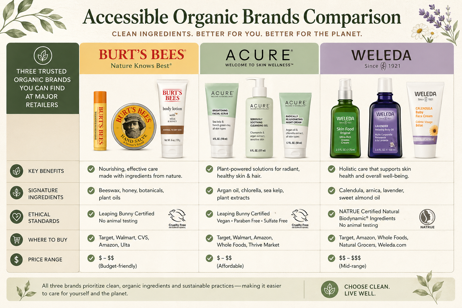 Infographic comparing accessible organic skincare brands Burt's Bees, Acure Organics, and Weleda with product images and benefits.