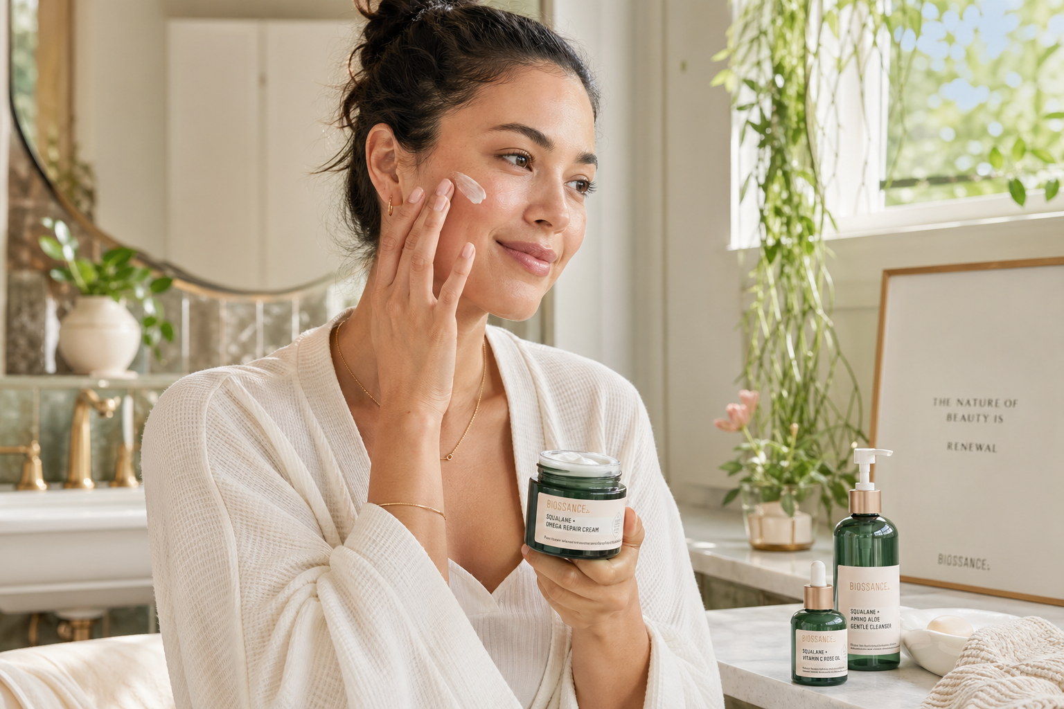 Woman applying Biossance moisturizer in a sunlit bathroom, surrounded by greenery.
