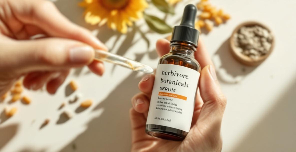 Close-up of a hand applying Herbivore Botanicals serum, highlighting the product's texture.