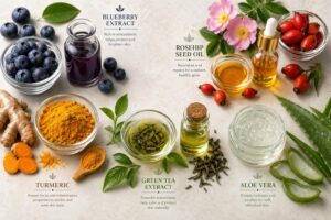 Flat lay of five organic skincare ingredients: blueberry extract, rosehip seed oil, turmeric, green tea extract, and aloe vera in elegant glass containers.