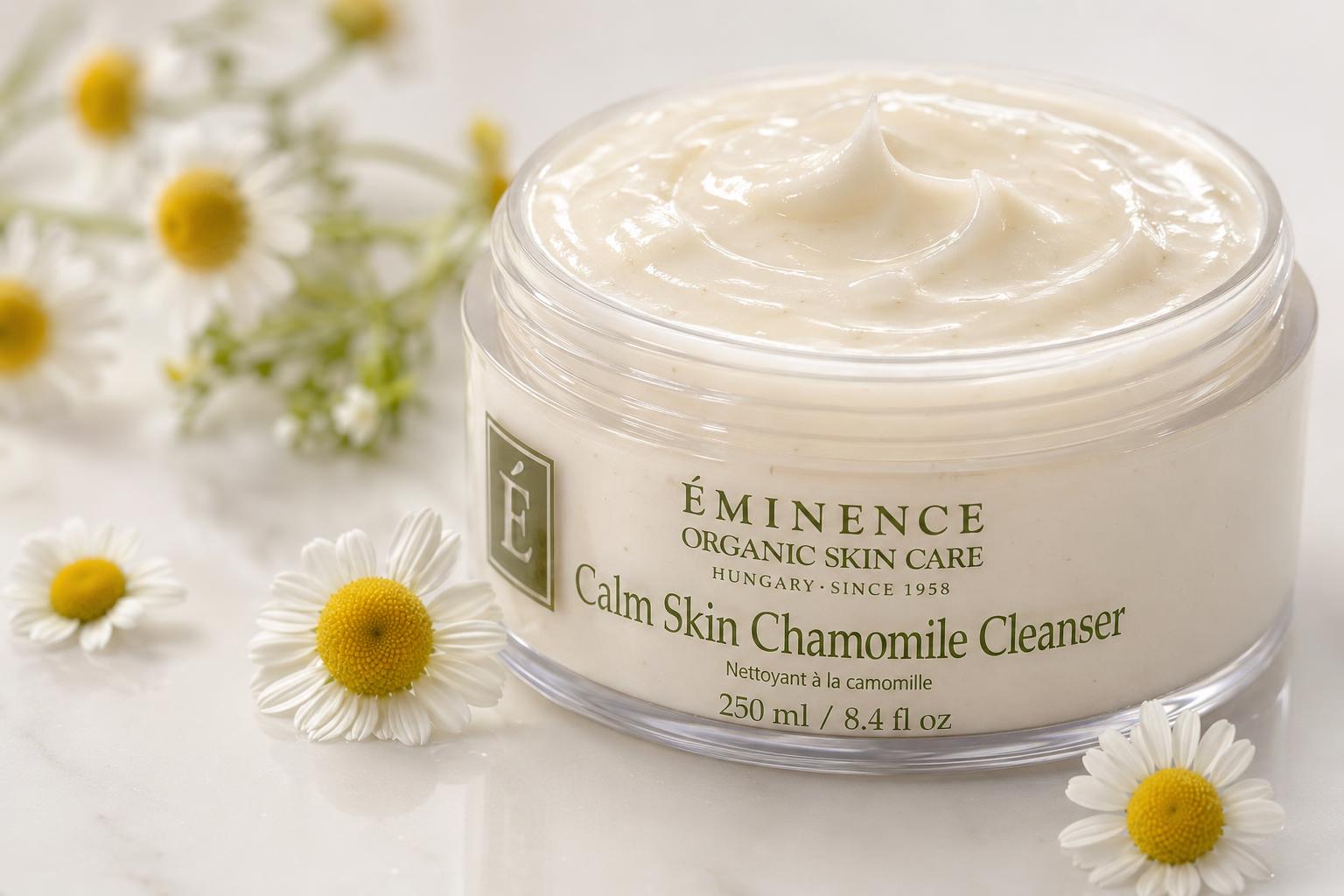 Close-up of Eminence Organic Calm Skin Chamomile Cleanser showcasing its creamy texture.