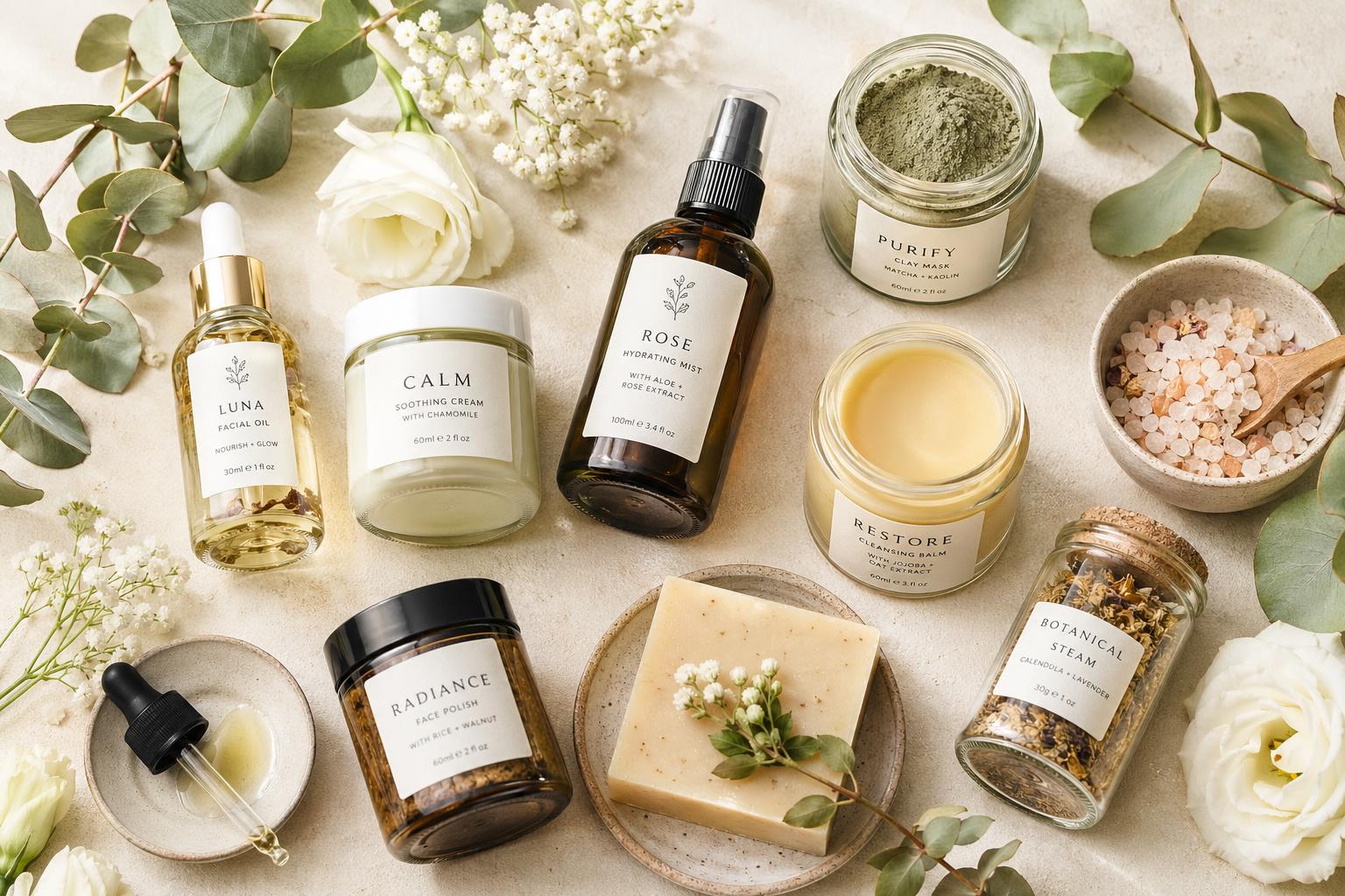 Premium organic skincare products arranged with natural elements for a holiday gift theme.