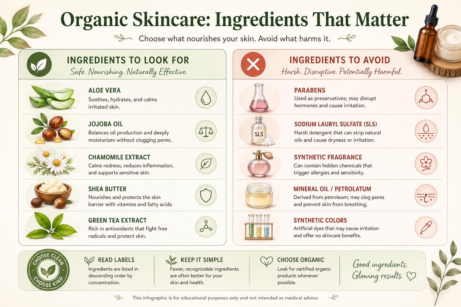 Infographic comparing ingredients to look for and avoid in organic skincare.