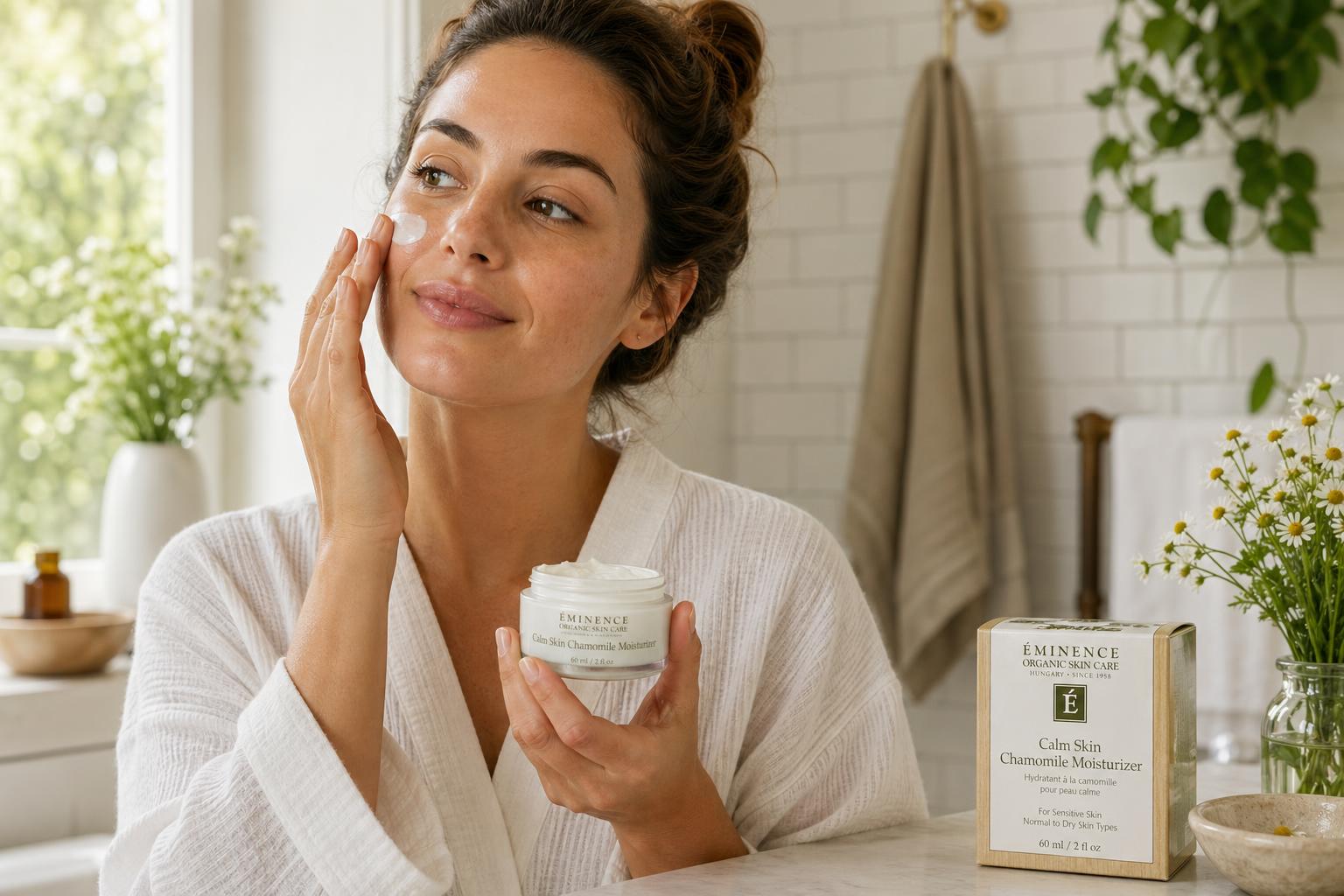 Person applying Eminence Organics Calm Skin Chamomile Moisturizer in a bright bathroom.