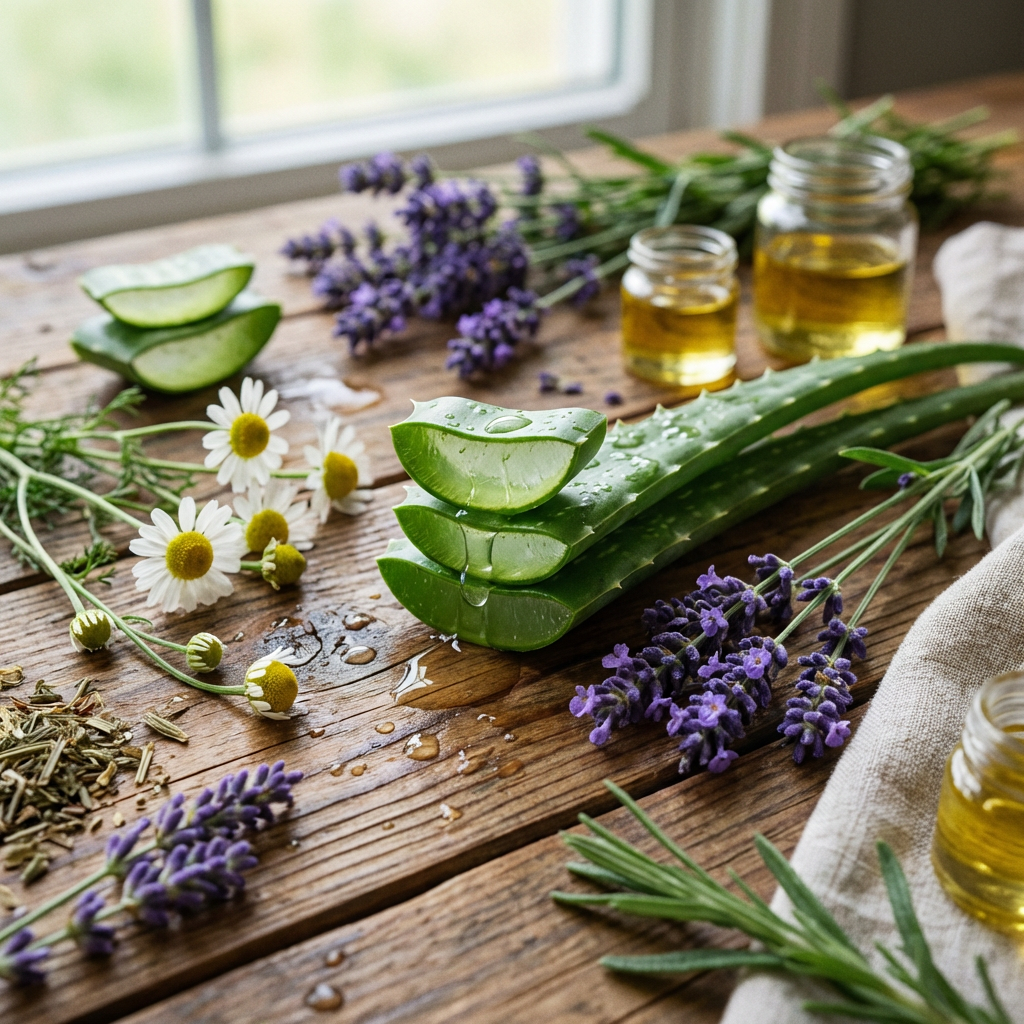 Close-up of botanical ingredients for clean clinical skincare.