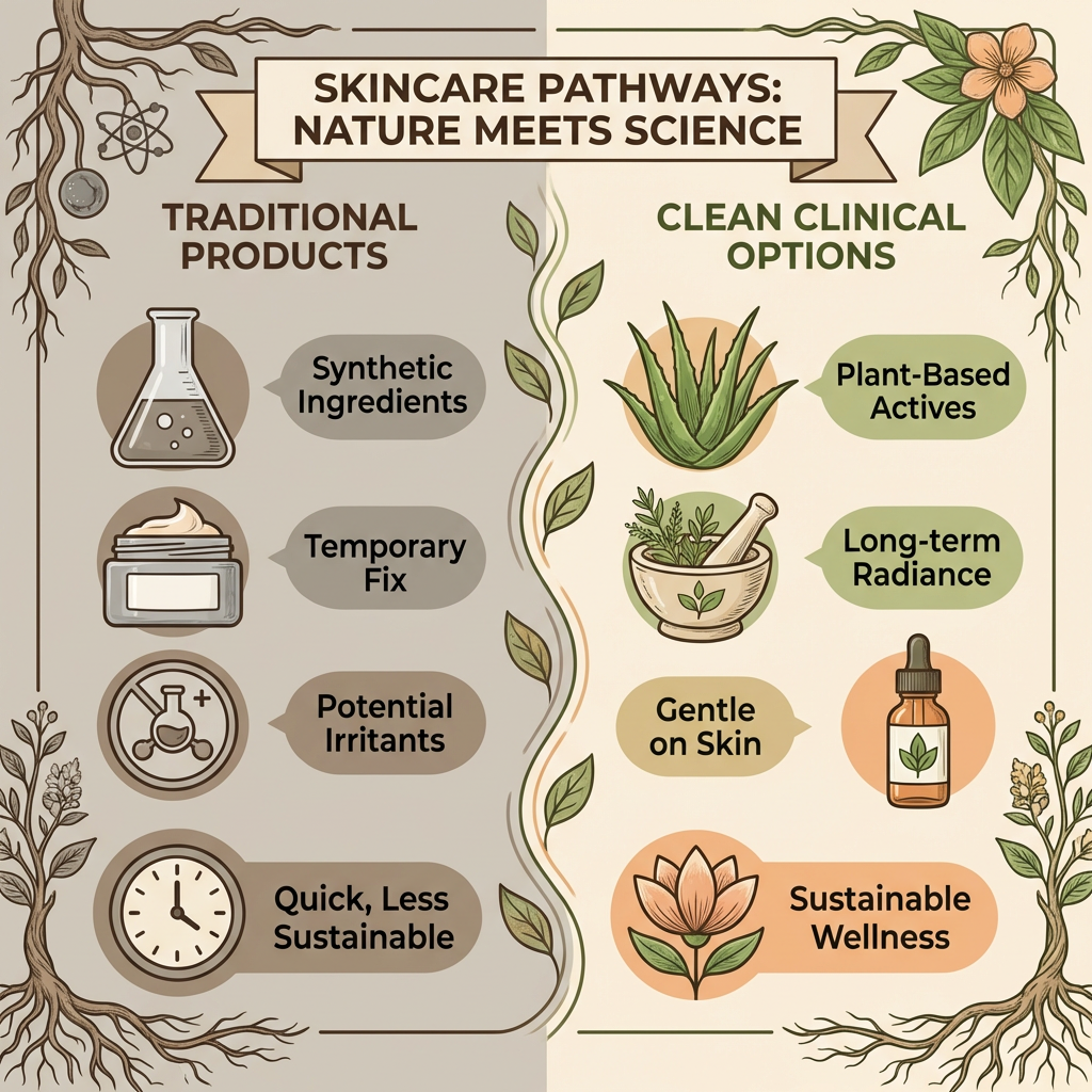 Infographic comparing traditional and clean clinical skincare products.