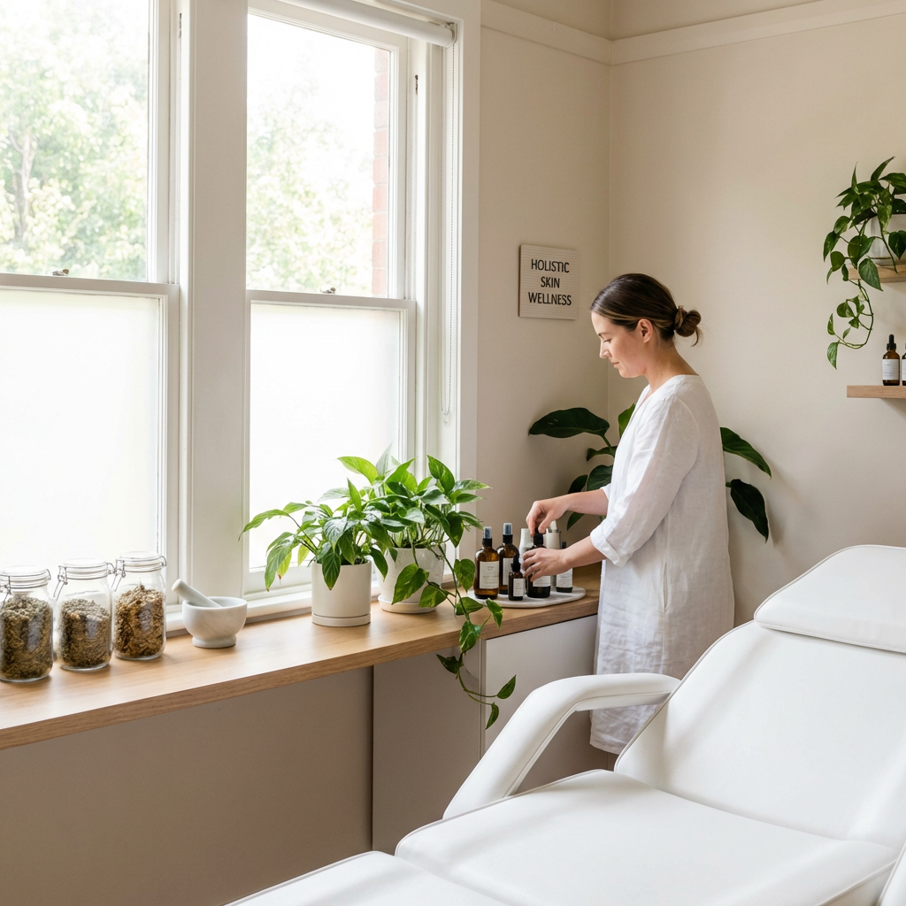 Spa treatment area showcasing clean clinical skincare with botanical elements.