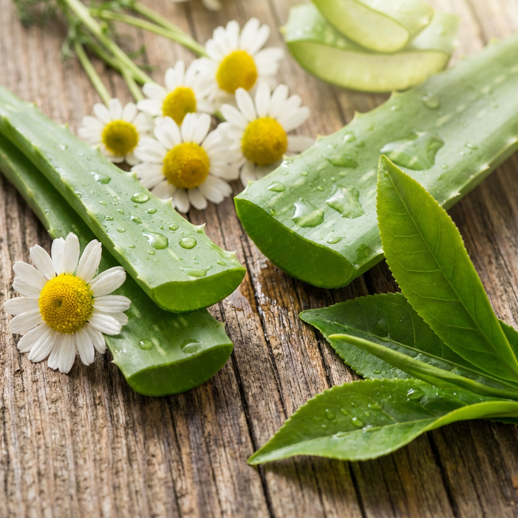 Close-up of natural ingredients for skincare, including aloe vera and chamomile, emphasizing holistic wellness.