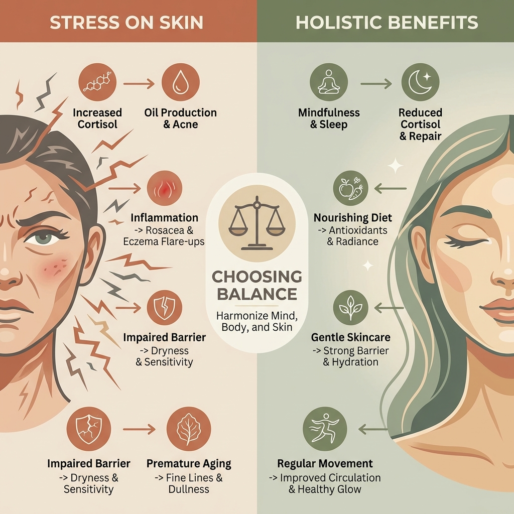 Infographic comparing stress effects on skin health with holistic practices benefits.
