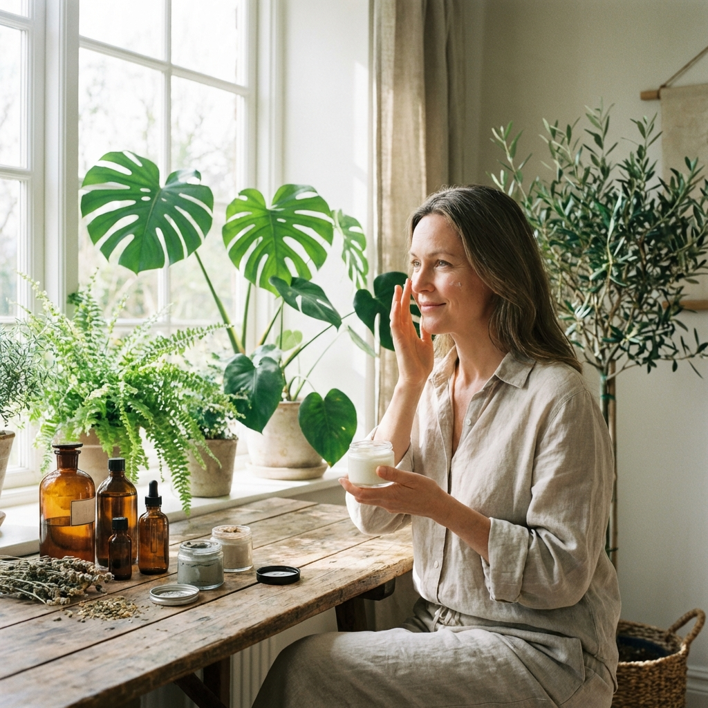 Woman applying organic skincare cream in a bright, natural setting, representing holistic self-care.