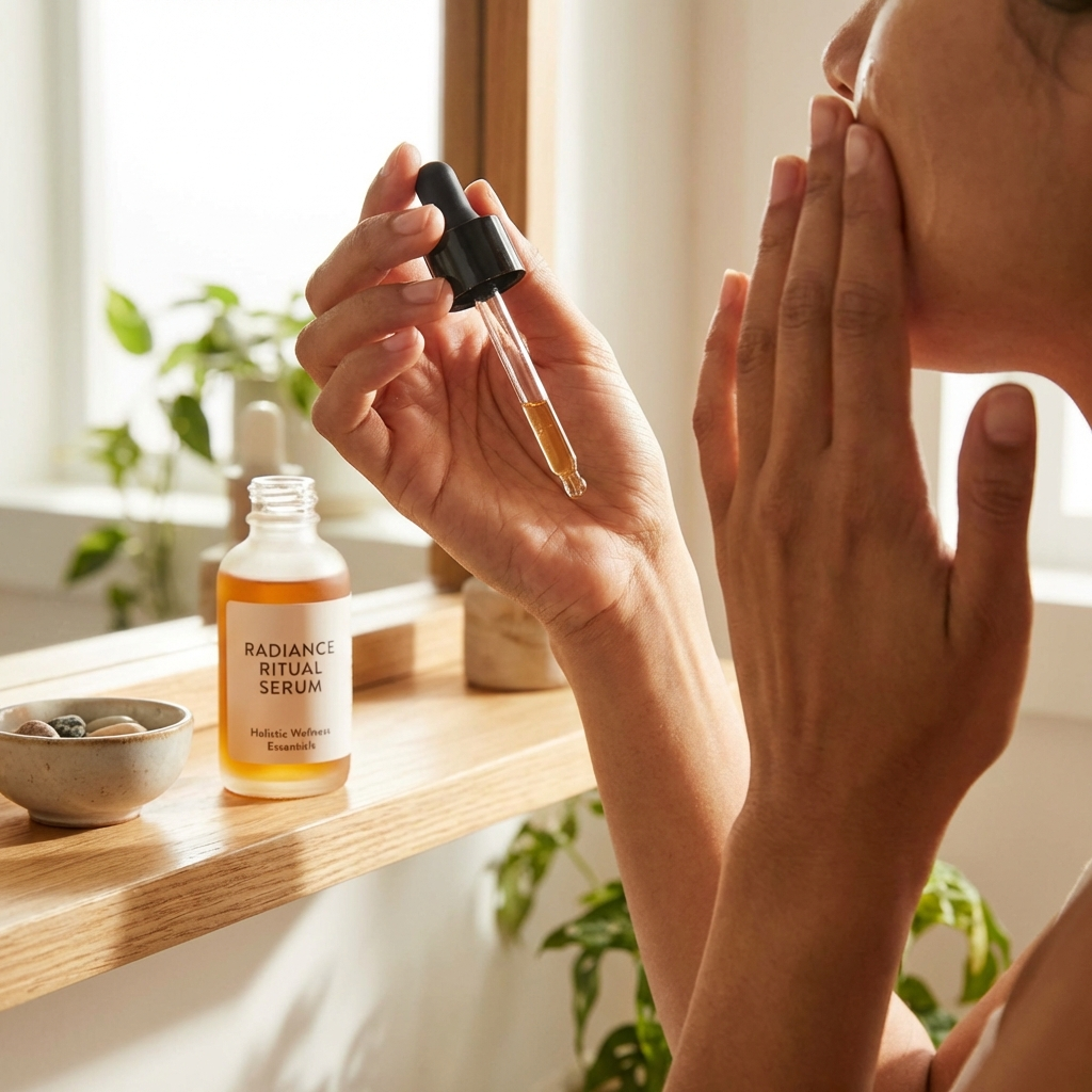 Hands applying serum to skin, illustrating the application of holistic skincare products.