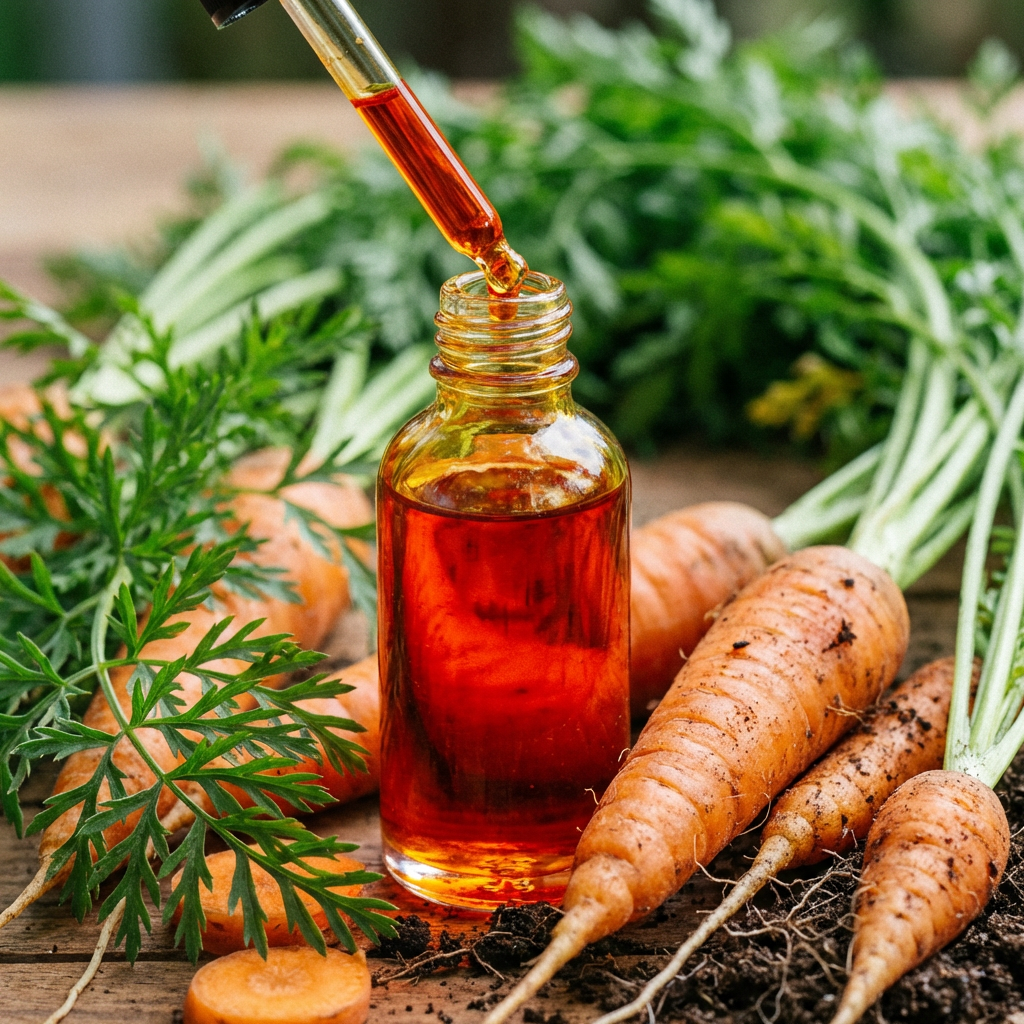 Close-up of carrot seed oil with fresh carrots and leaves