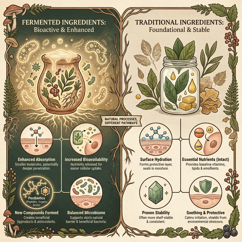 Infographic comparing fermented ingredients and traditional ingredients in skincare