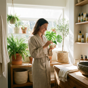 Woman applying organic skincare in a bright bathroom with plants
