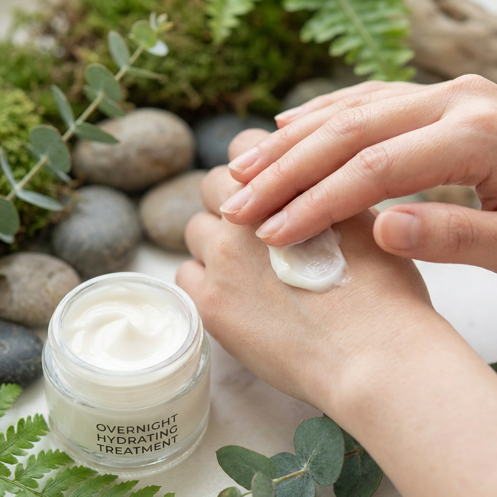 Hands applying hydrating overnight treatment with natural elements