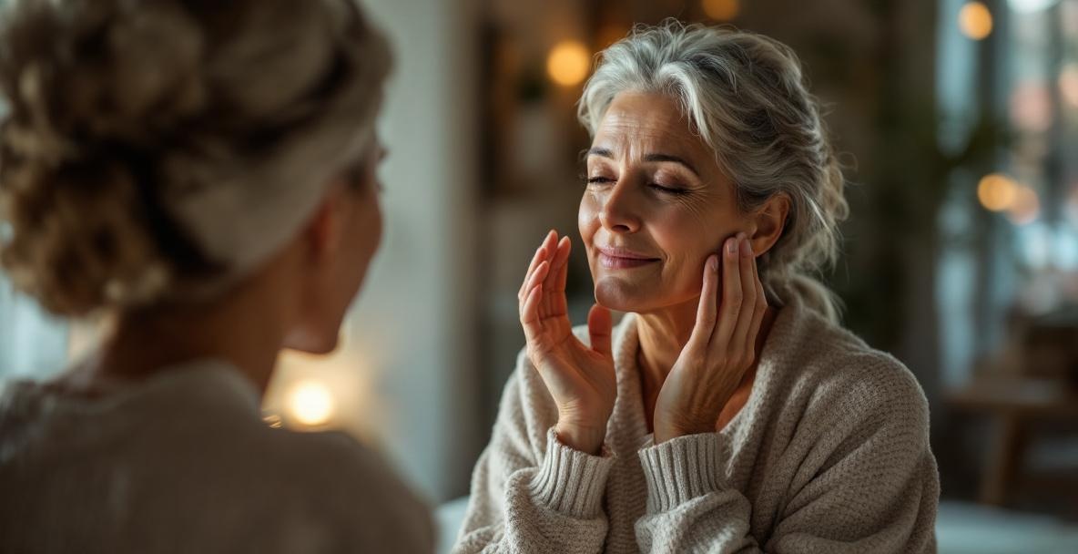 Mature woman applying organic moisturizer in a calming evening setting