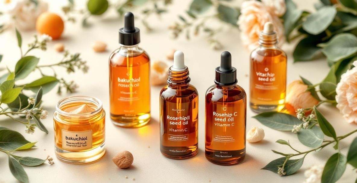 Organic skincare ingredients for mature skin including bakuchiol and rosehip seed oil