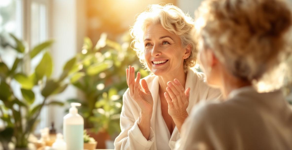 Mature woman using organic skincare products in a bright bathroom
