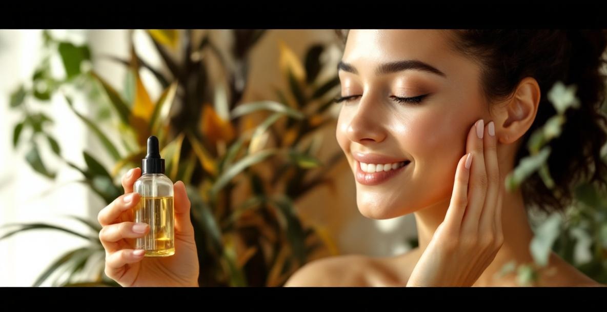 Woman applying organic skincare products for sensitive skin in a natural setting.