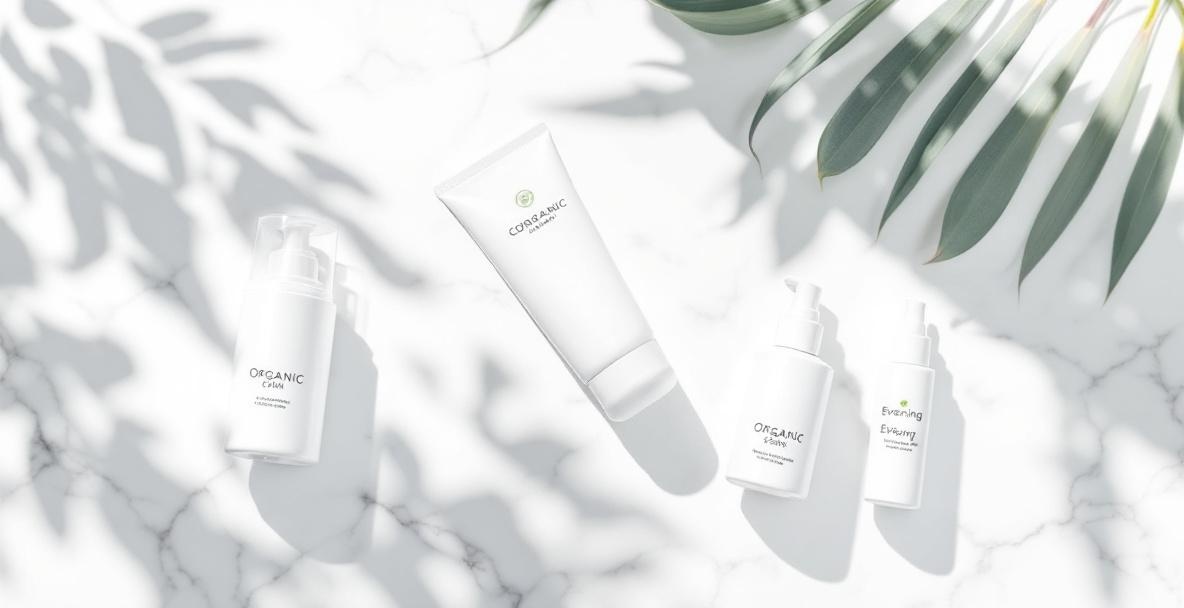 Organized organic skincare routine for sensitive skin on a marble surface.