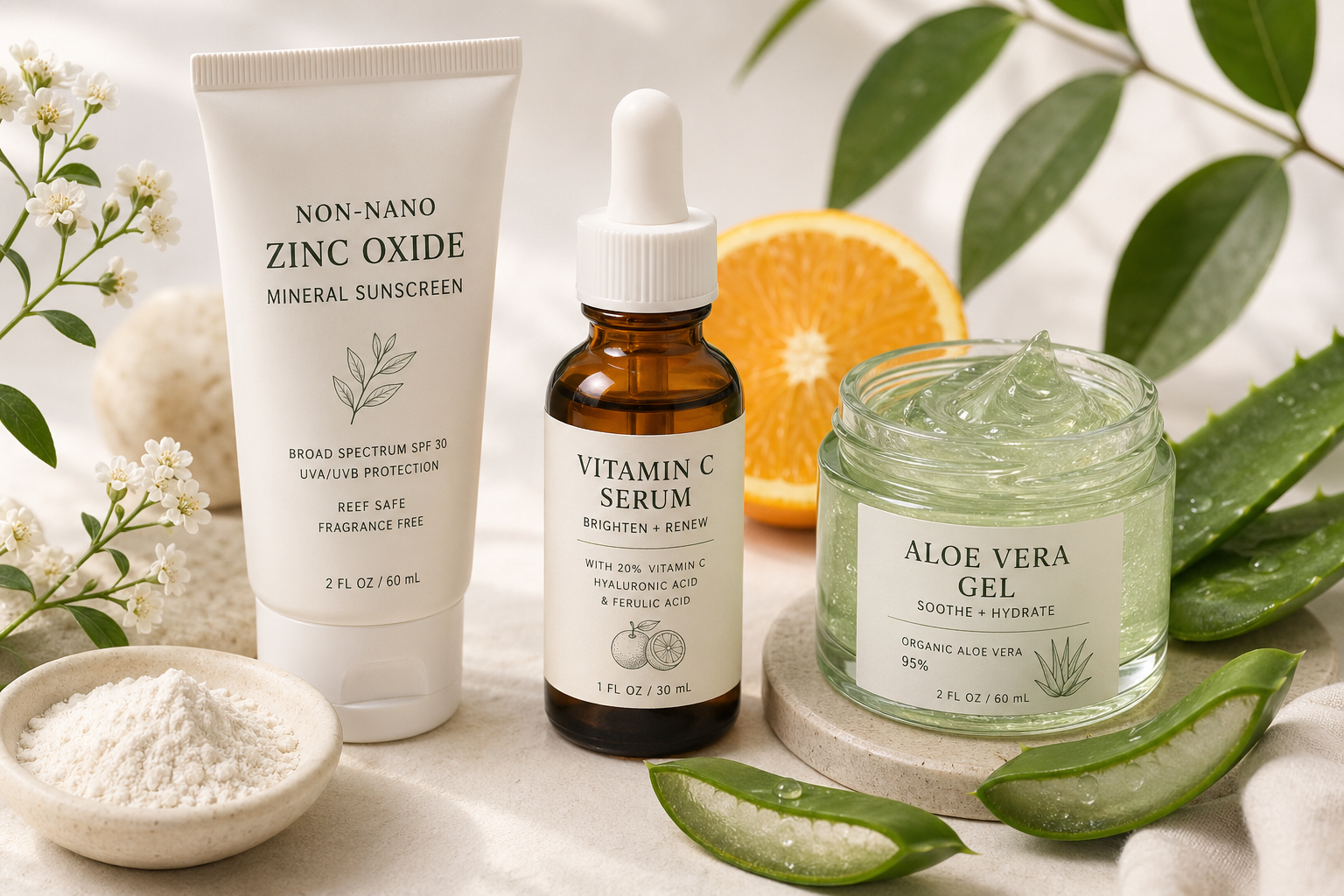 Close-up of organic skincare products with key summer ingredients