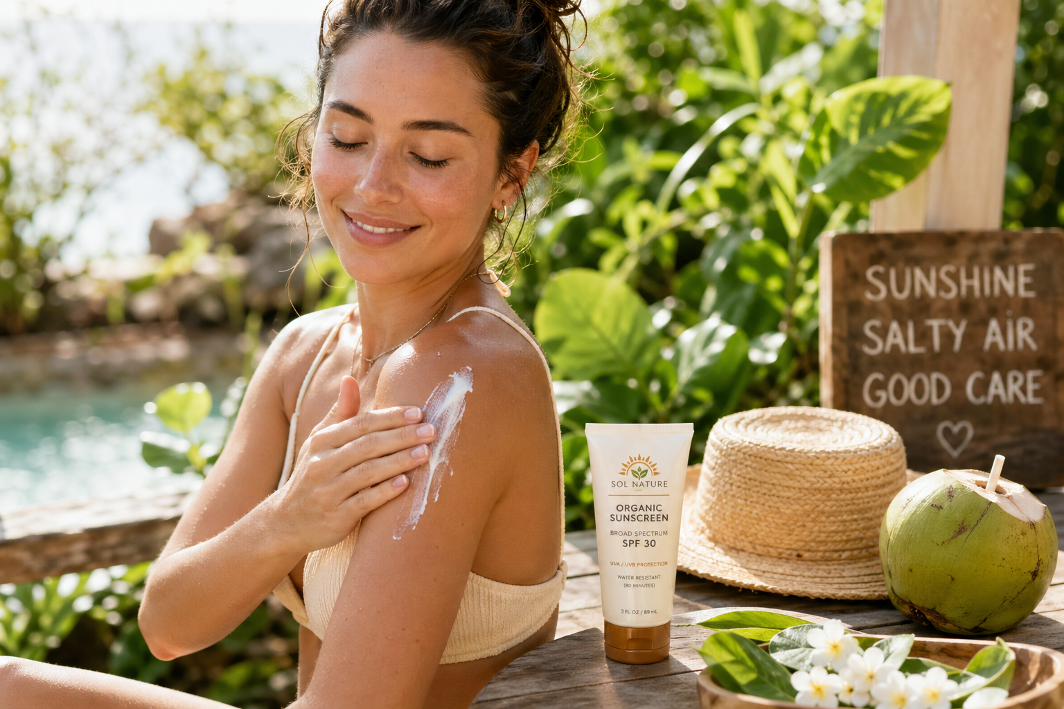 Woman applying organic sunscreen outdoors in a natural setting