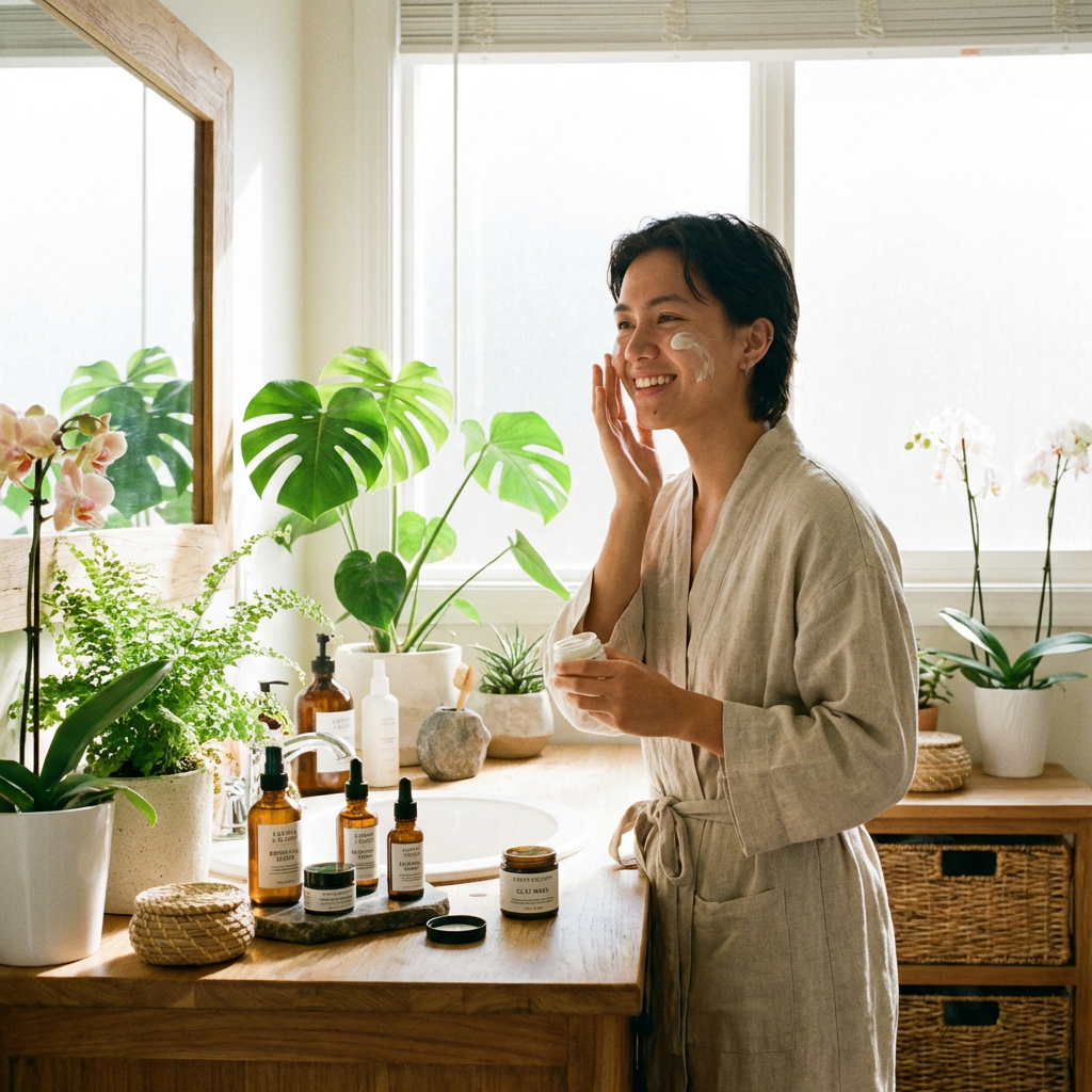 Young adult applying natural skincare product in a bright bathroom