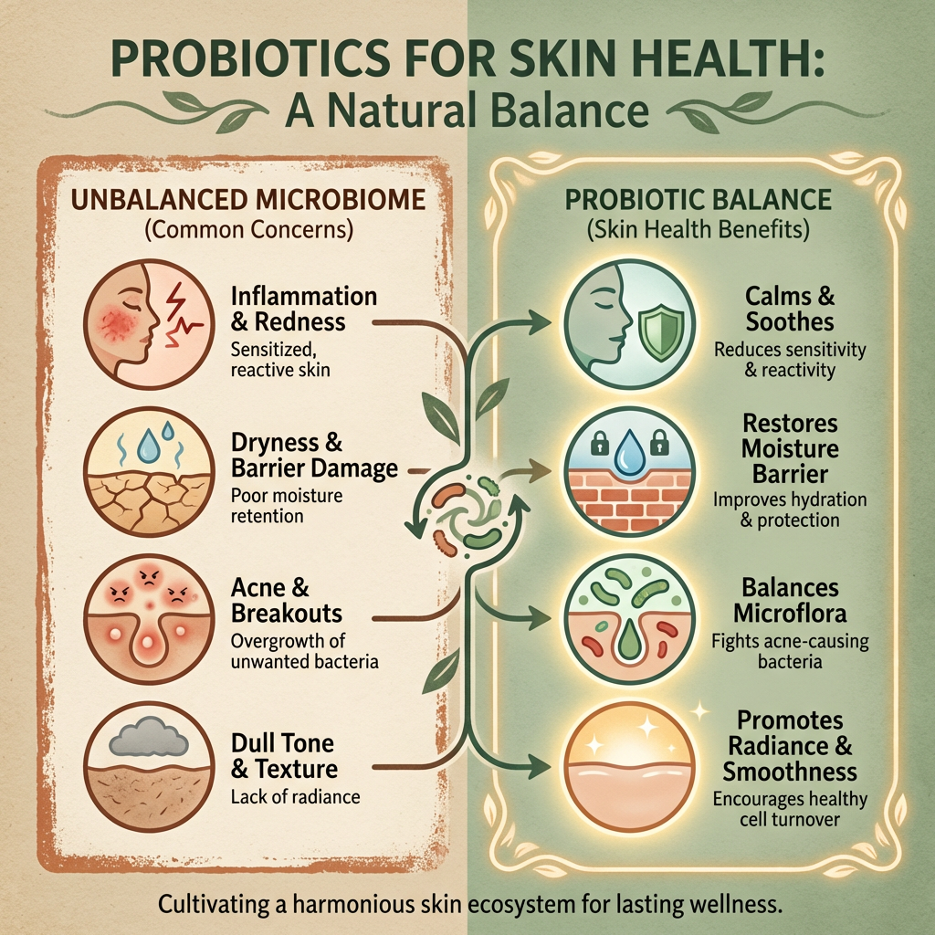 Infographic comparing probiotics and skin health benefits
