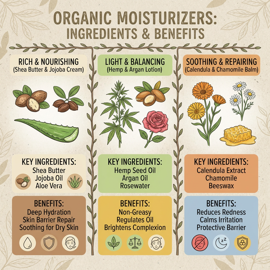 Infographic comparing organic moisturizers and their benefits