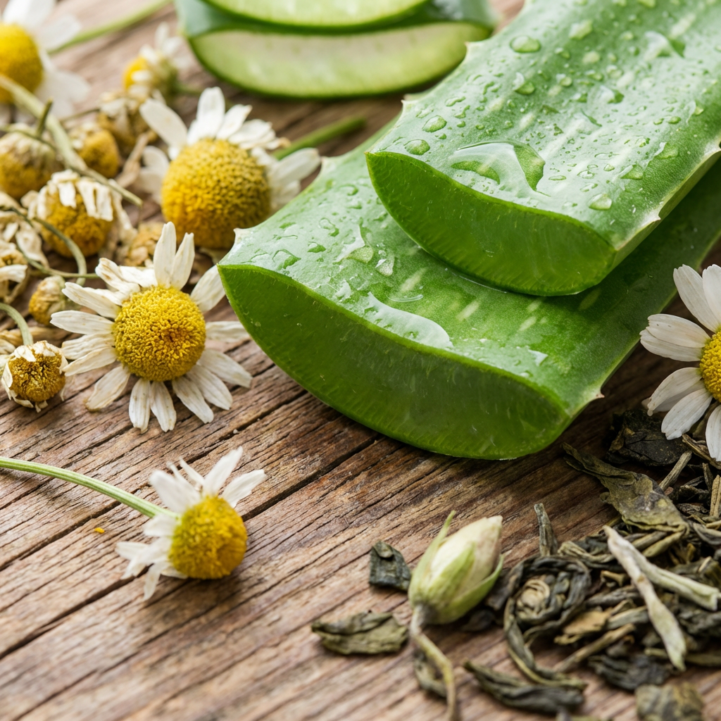 Close-up of organic skincare ingredients including aloe vera and chamomile