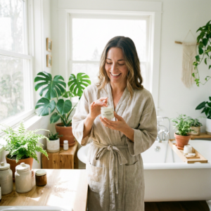 Woman applying organic moisturizer in a bright bathroom with plants