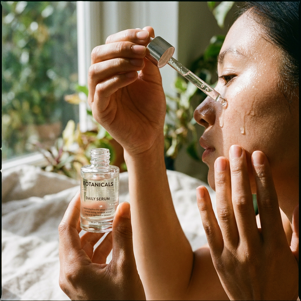Person applying organic serum to their face