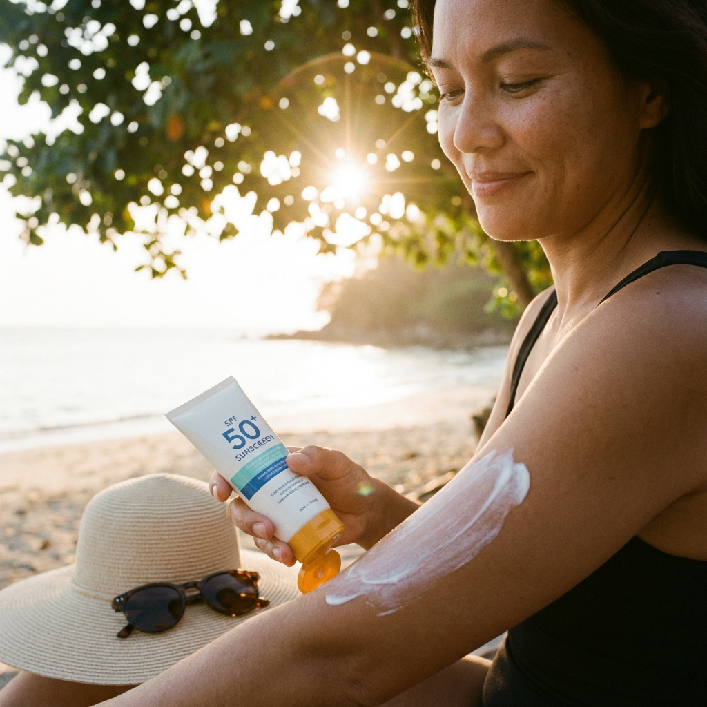 Woman applying organic sunscreen outdoors