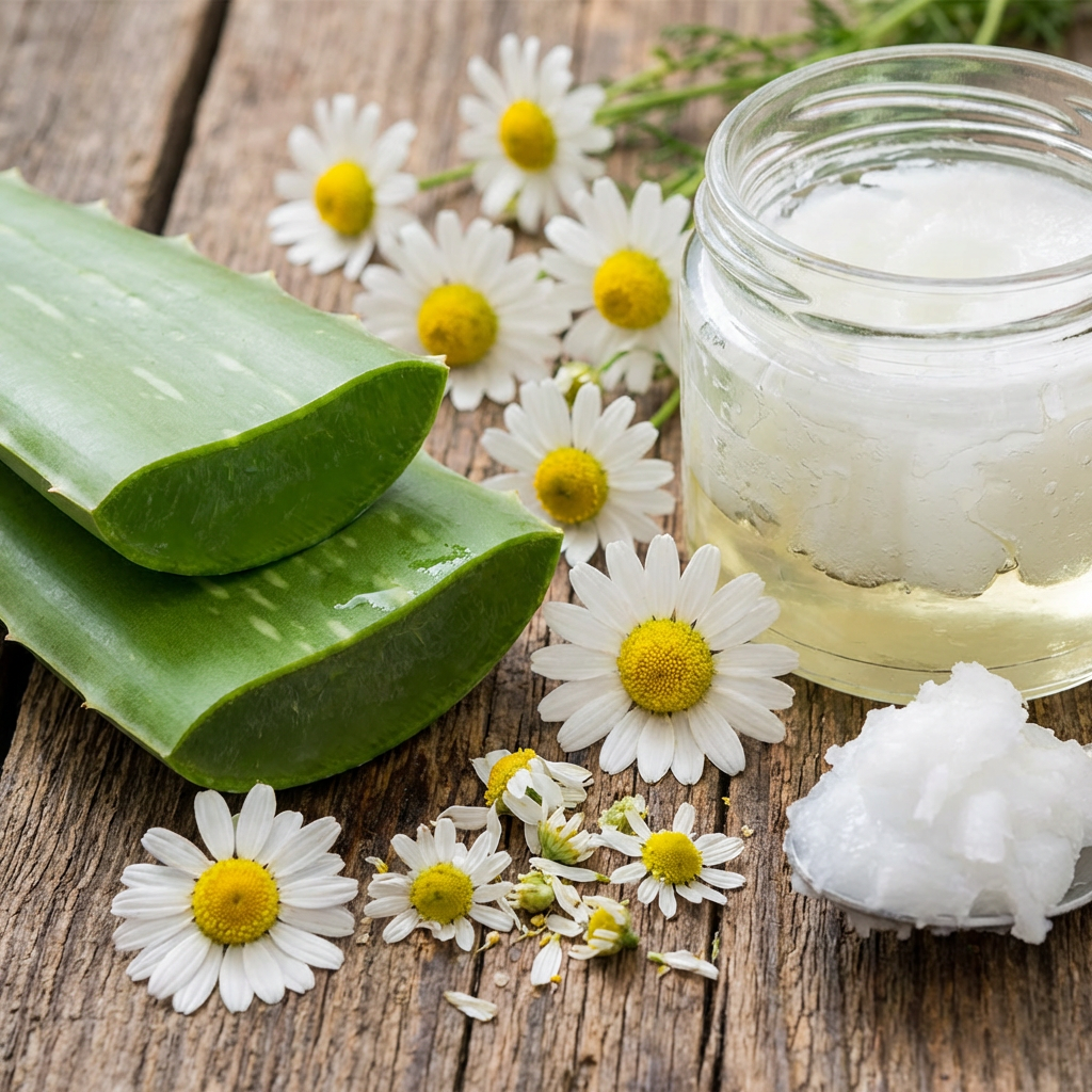 Close-up of organic skincare ingredients highlighting their natural textures.
