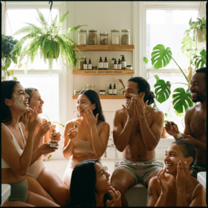 Diverse individuals enjoying organic skincare in a bright, natural setting.