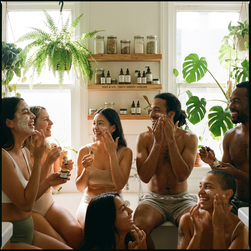 Diverse individuals enjoying organic skincare in a bright, natural setting.
