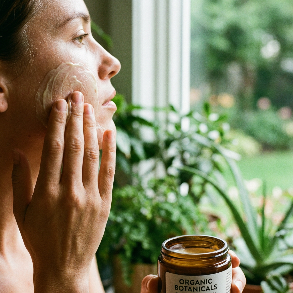 Person applying organic moisturizer to their face in a natural setting.