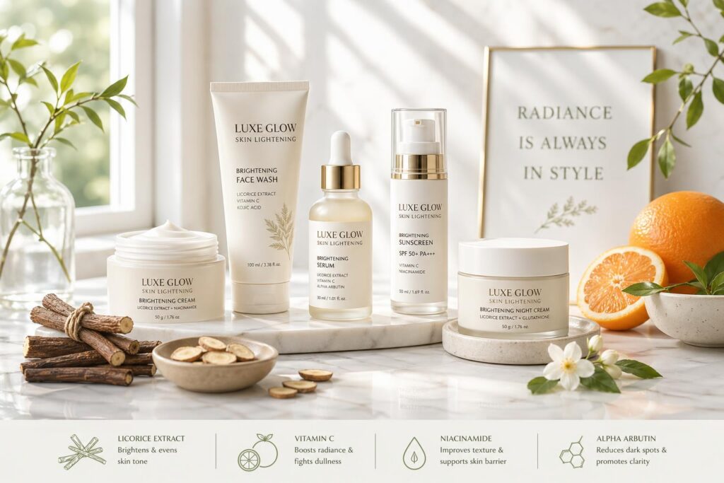 Elegant skincare products for hyperpigmentation on a marble countertop with fresh ingredients.