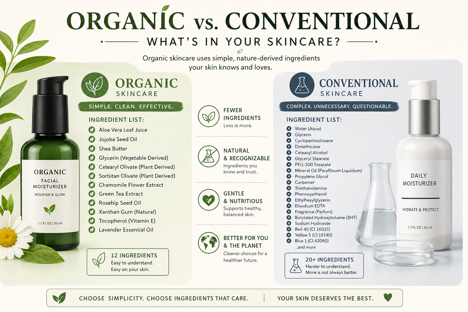 Infographic comparing organic and conventional skincare ingredients.