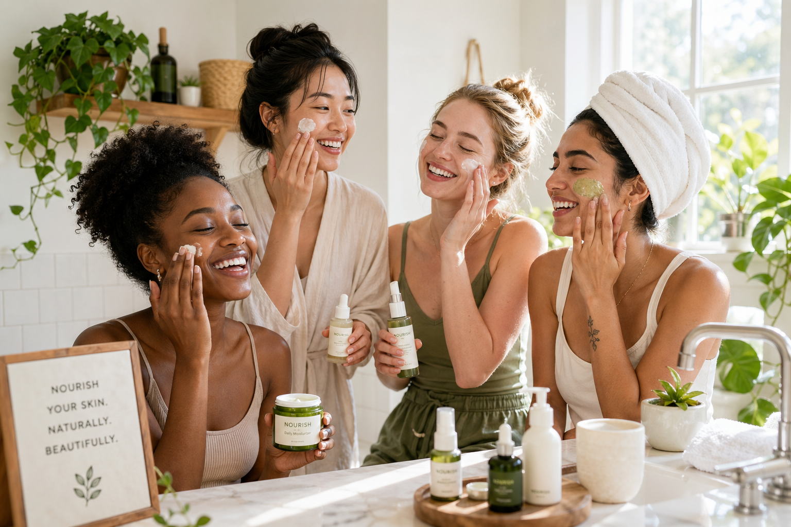Diverse individuals using organic skincare products in a bright bathroom setting.