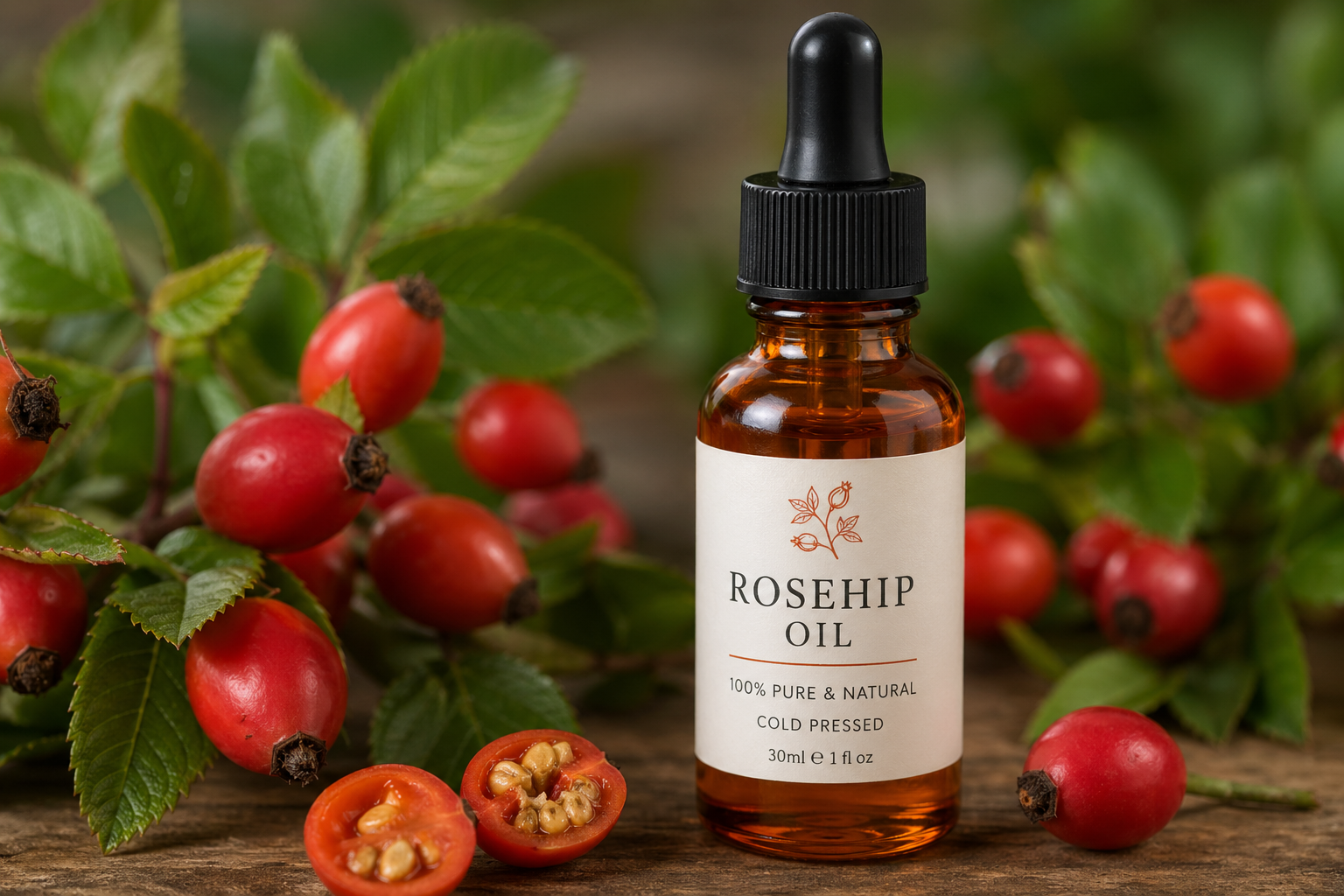 Close-up of rosehip oil with fresh rosehip berries and leaves.