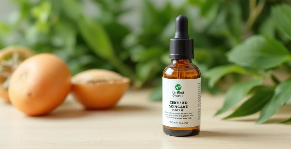 Certified organic skincare product with visible labels on a wooden surface.