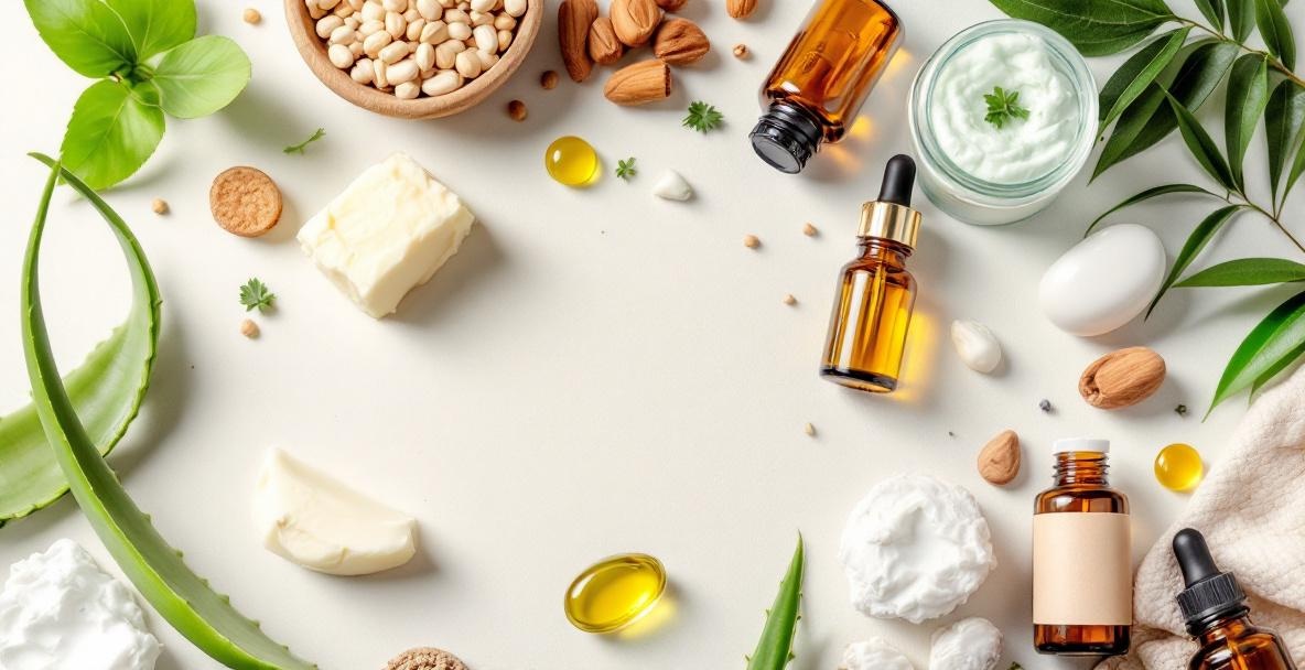 Close-up of organic skincare ingredients like aloe vera and shea butter.