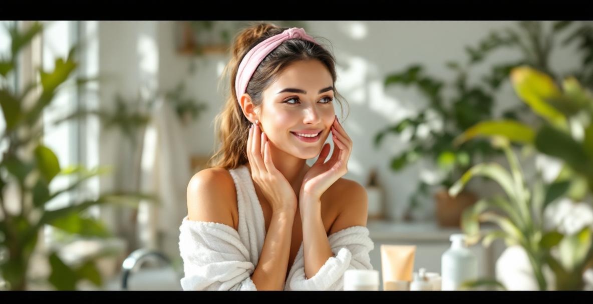 Woman applying organic skincare in a bright bathroom with plants.