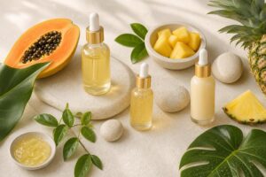 Flat lay of enzyme-based skincare products with fresh fruits and natural elements