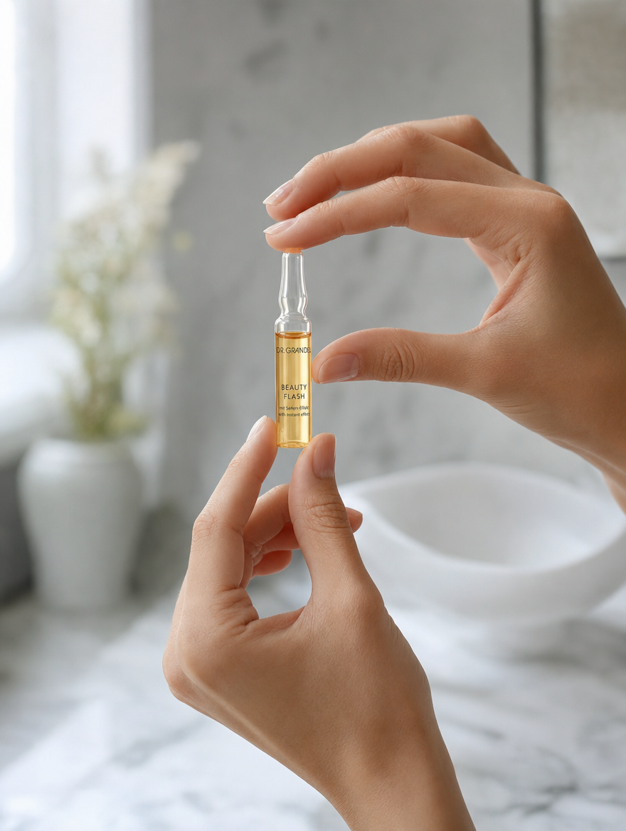 Hand holding Dr. Grandel Beauty Flash Ampoule glass vial, professional clinical skincare