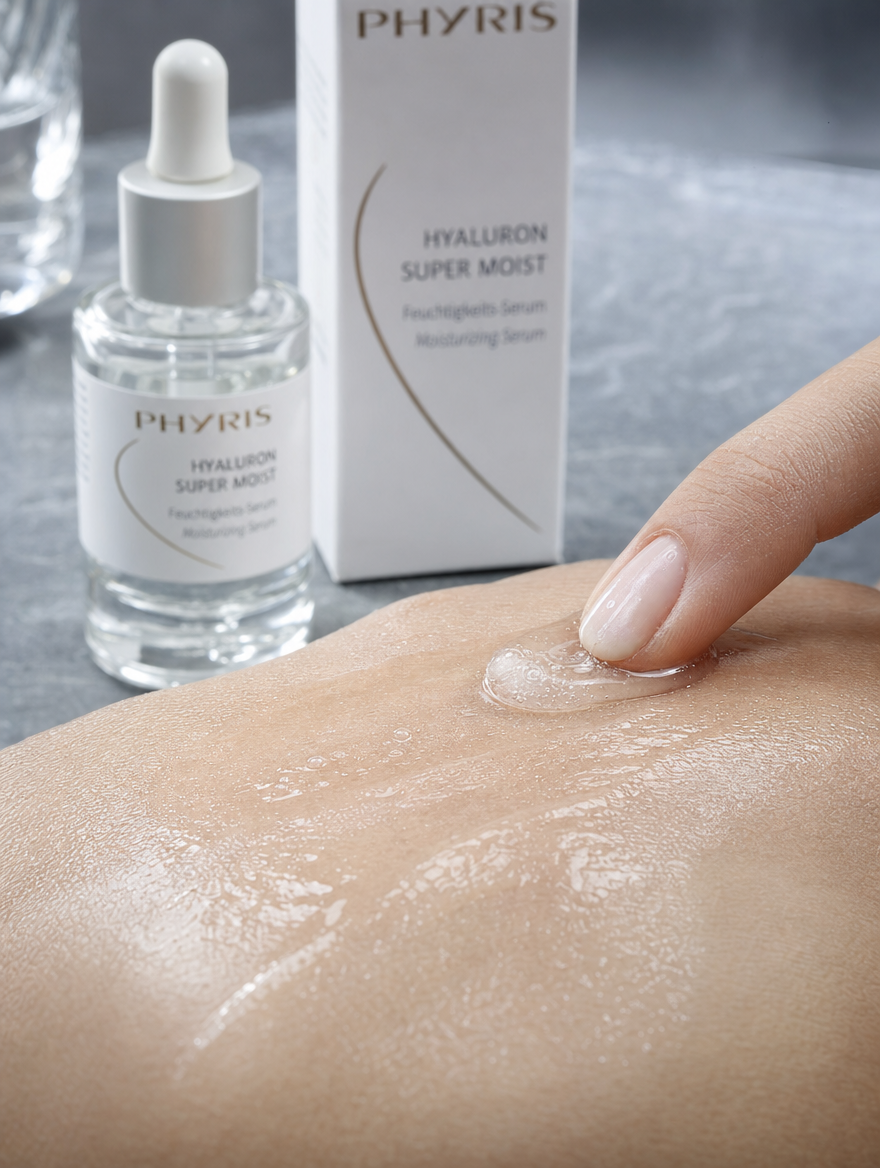 Phyris Hyaluron Super Moist gel texture on skin, hyaluronic acid serum application
