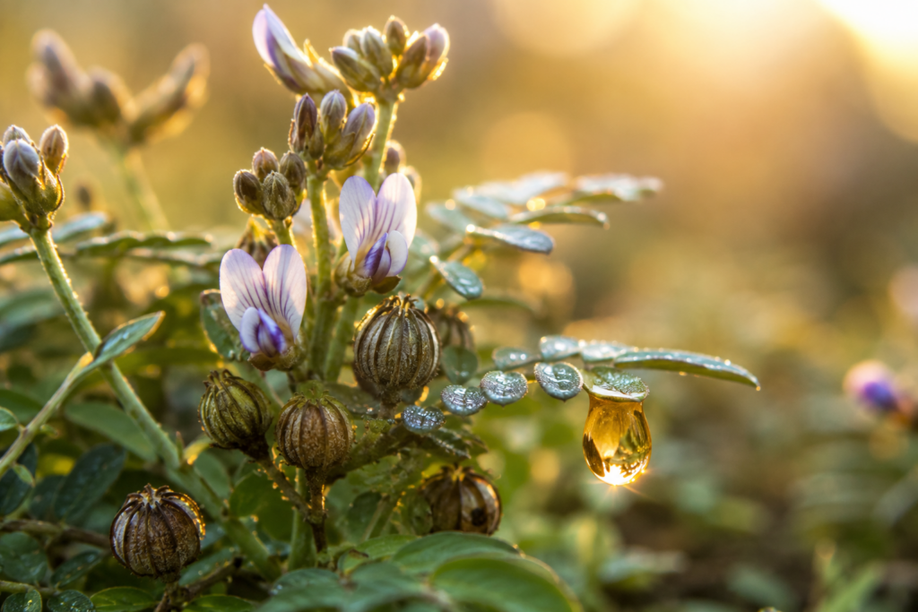 Macro photo of Psoralea corylifolia bakuchiol plant with a glowing serum droplet at golden hour