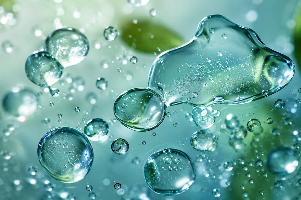 Macro photo of glistening layered water droplets merging, evoking multi-molecular-weight hyaluronic acid hydration