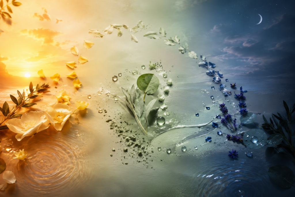 Abstract sunrise-to-dusk botanical composition representing the 7-step sensitive-skin routine journey